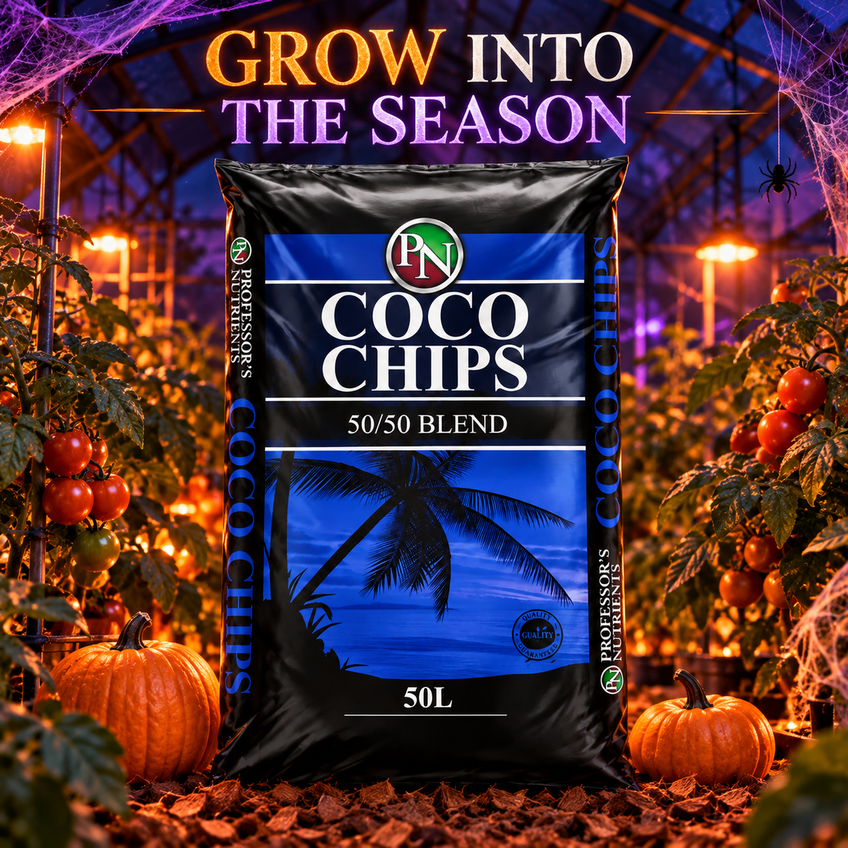 AI-created Halloween hero image of the Professor's Coco Chips 50/50 Blend 50L bag with orange-purple lighting, pumpkins and tomato plants.