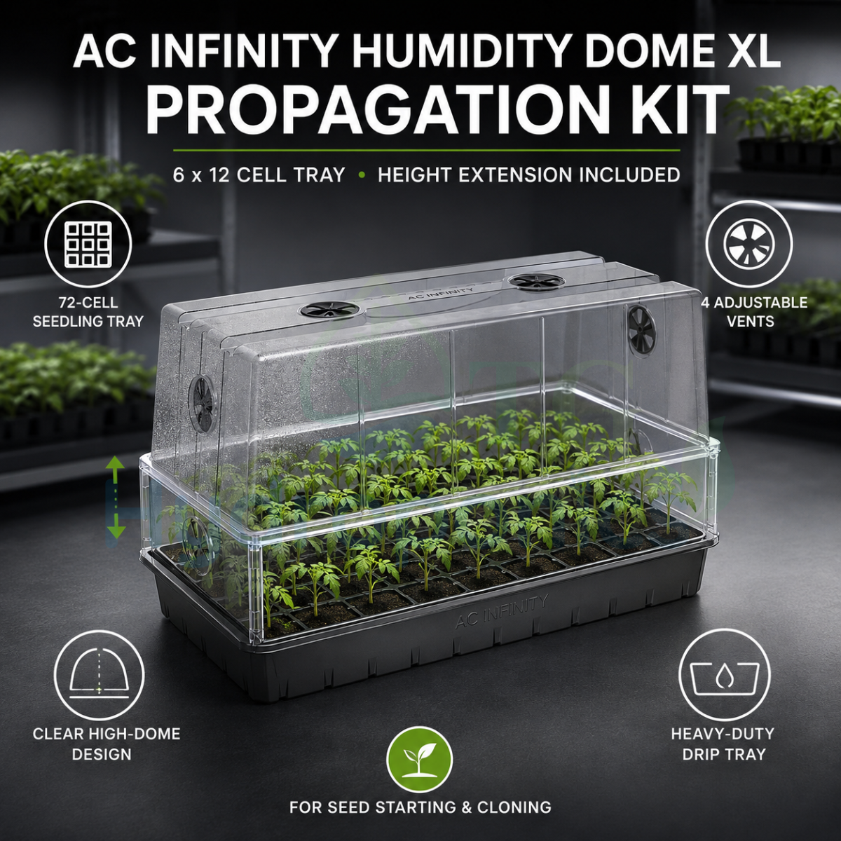 AC Infinity Humidity Dome XL Propagation Kit, 6x12 Cell Tray with Height Extension