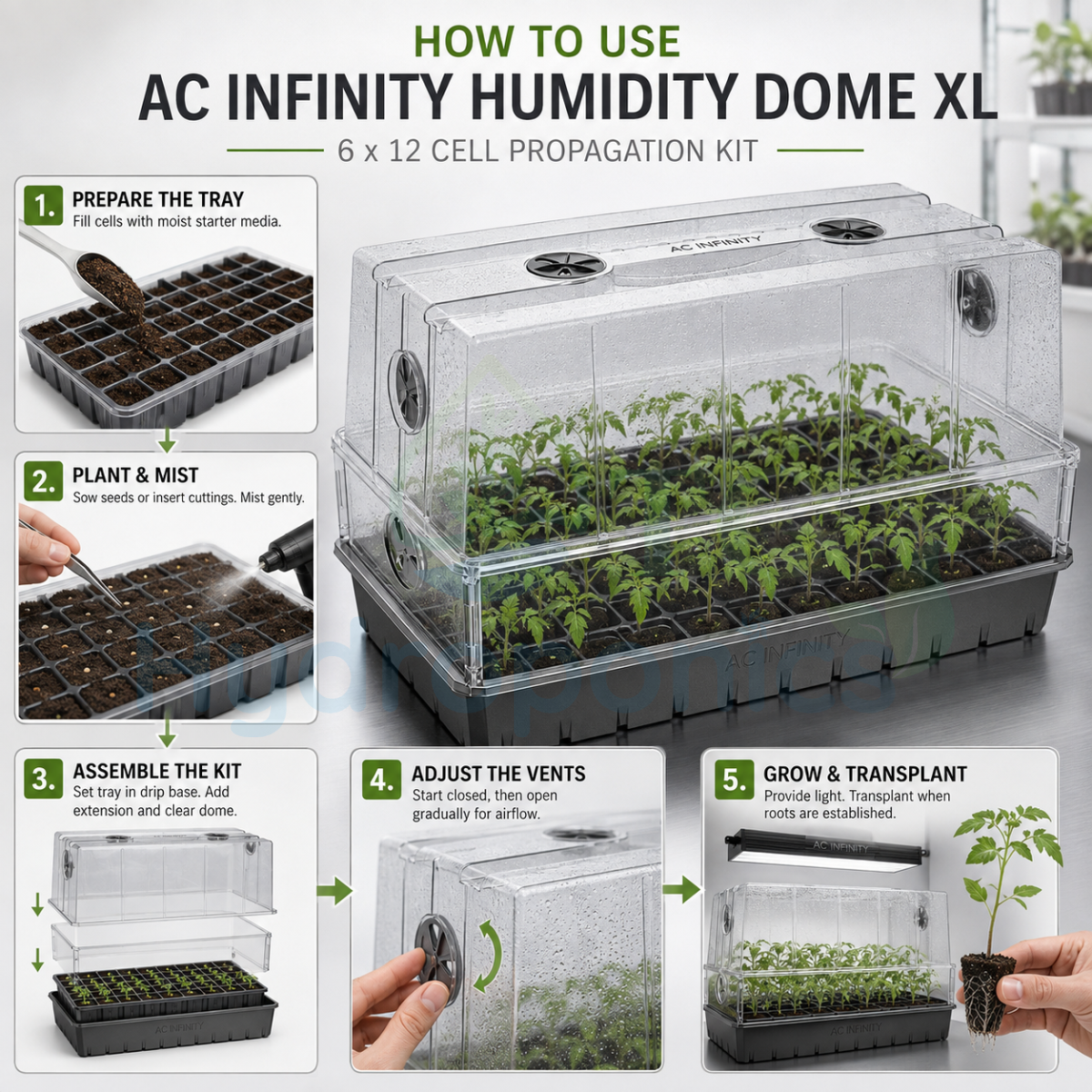 AC Infinity Humidity Dome XL Propagation Kit, 6x12 Cell Tray with Height Extension
