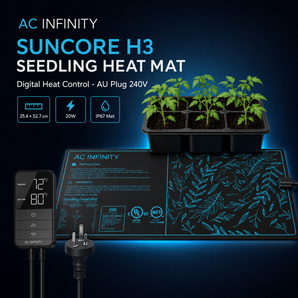 AC Infinity Suncore H3 Seedling Heat Mat with Heat Controller