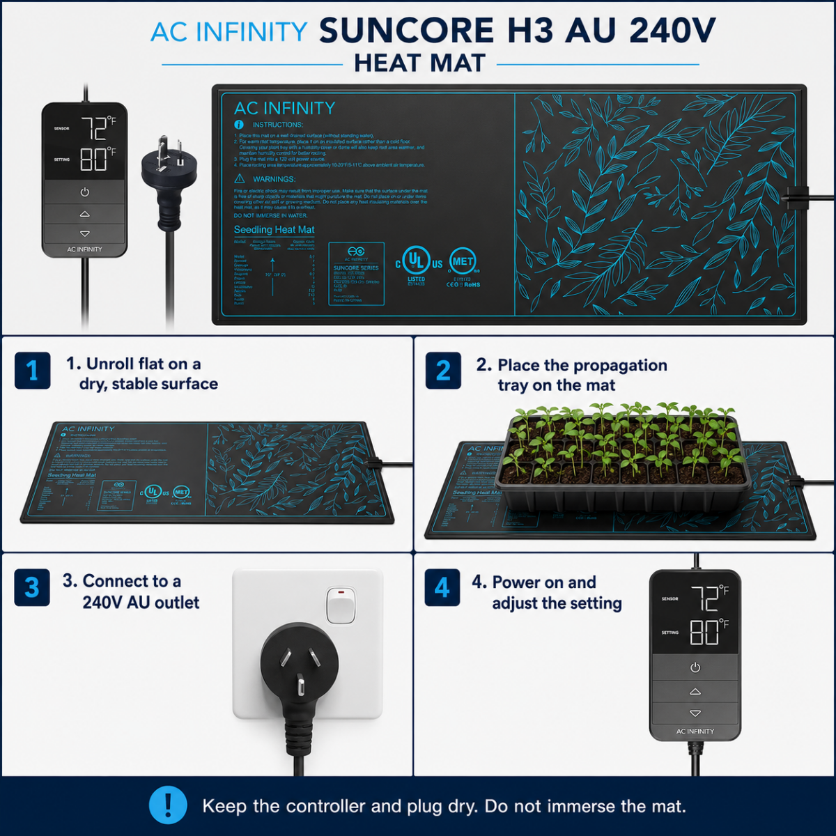 AC Infinity Suncore H3 Seedling Heat Mat with Heat Controller