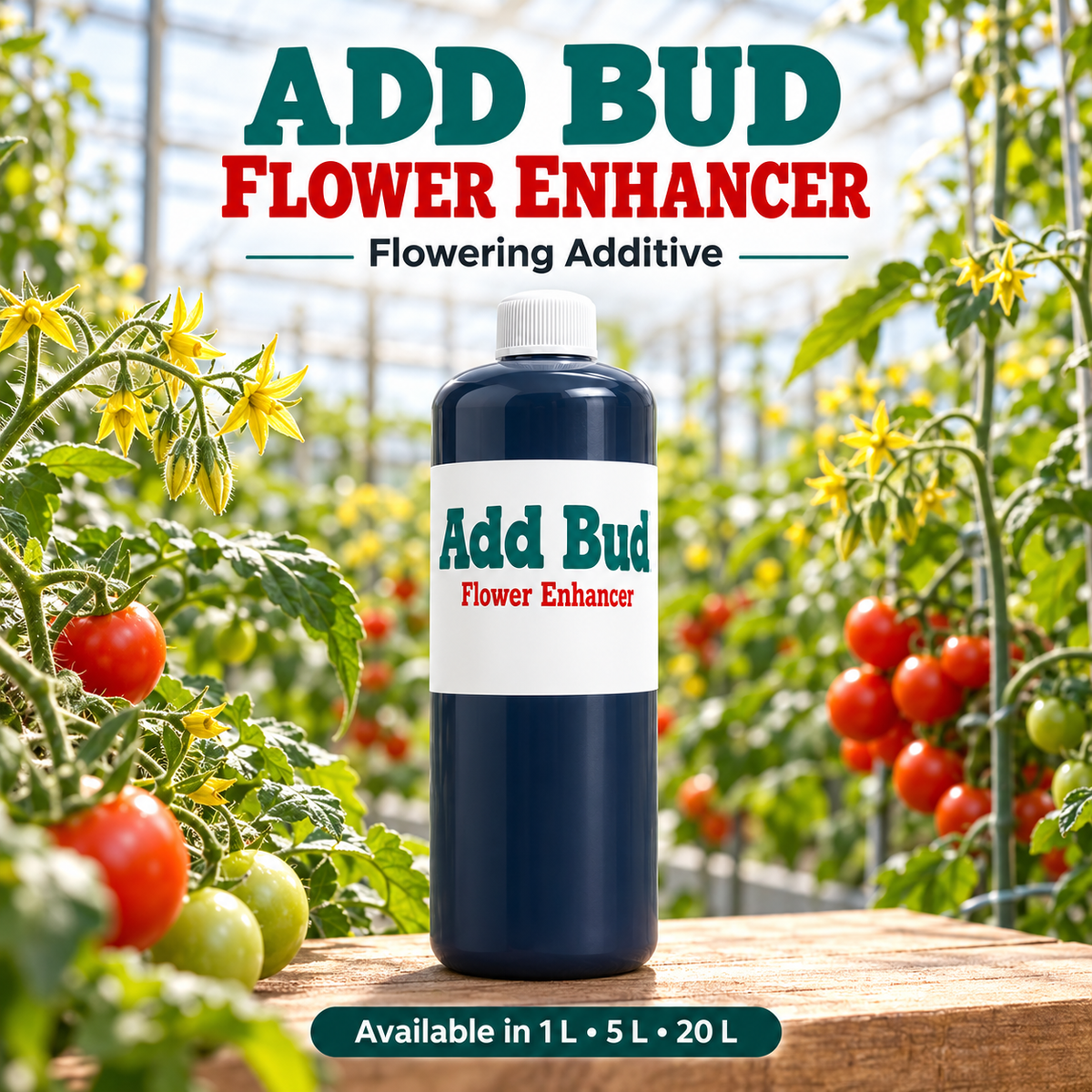ADD BUD Flower Enhancer bottle in a tomato greenhouse with available sizes