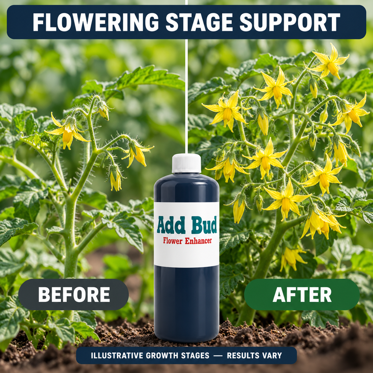 Illustrative tomato flowering stages with ADD BUD Flower Enhancer and results-vary notice