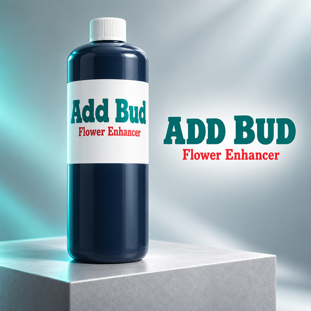Premium studio 3D render of ADD BUD Flower Enhancer bottle