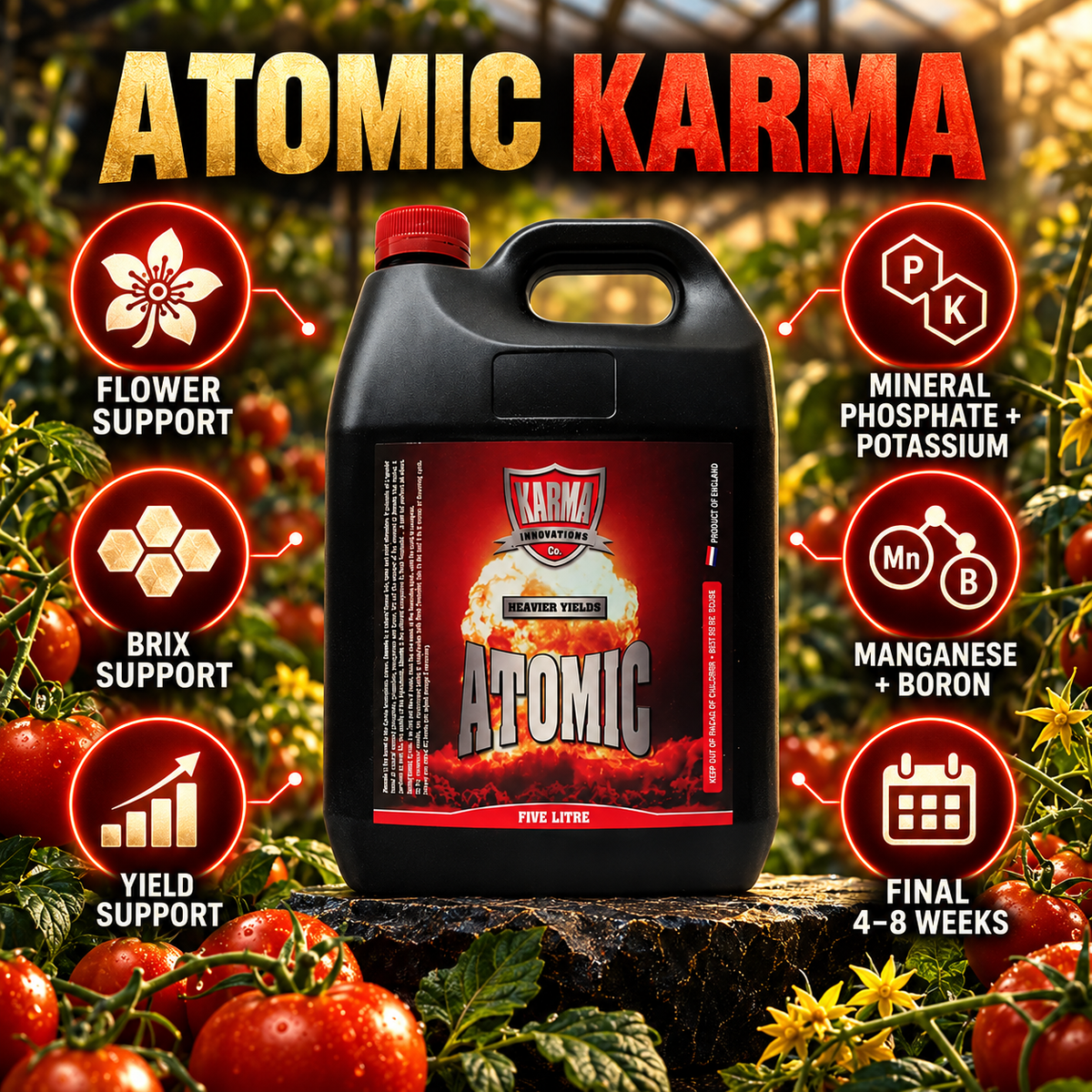 ATOMIC KARMA benefits and features infographic listing flower, Brix and yield support, mineral phosphate, potassium, manganese, boron and final 4–8 week use.