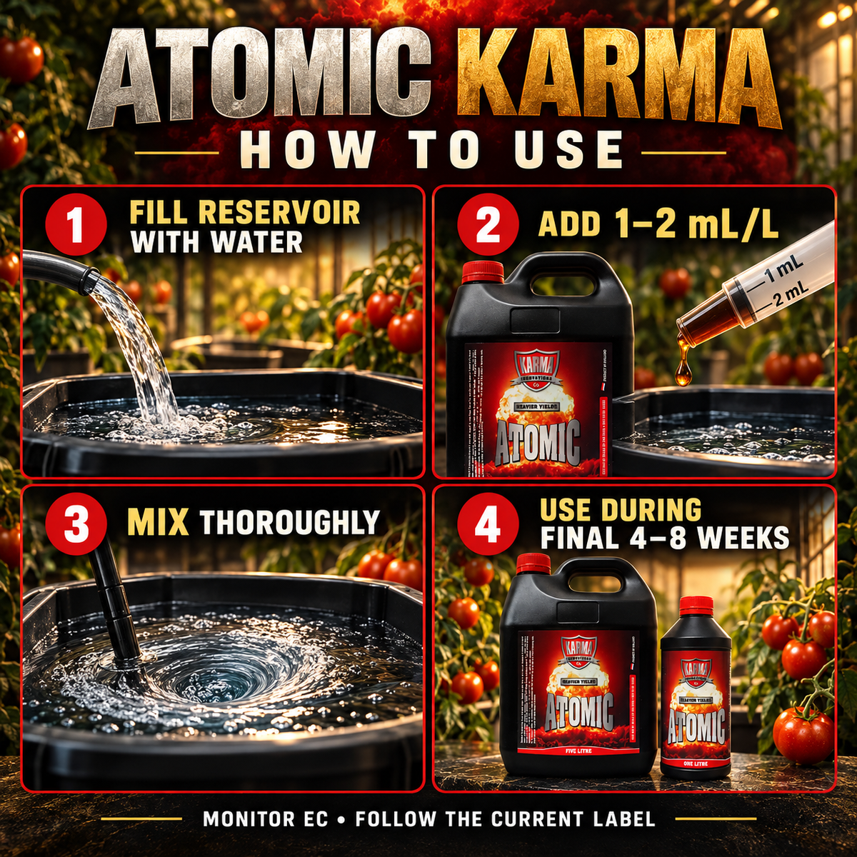 Four-step ATOMIC KARMA guide: fill the reservoir, add 1–2mL per litre, mix thoroughly and use during the final 4–8 weeks.