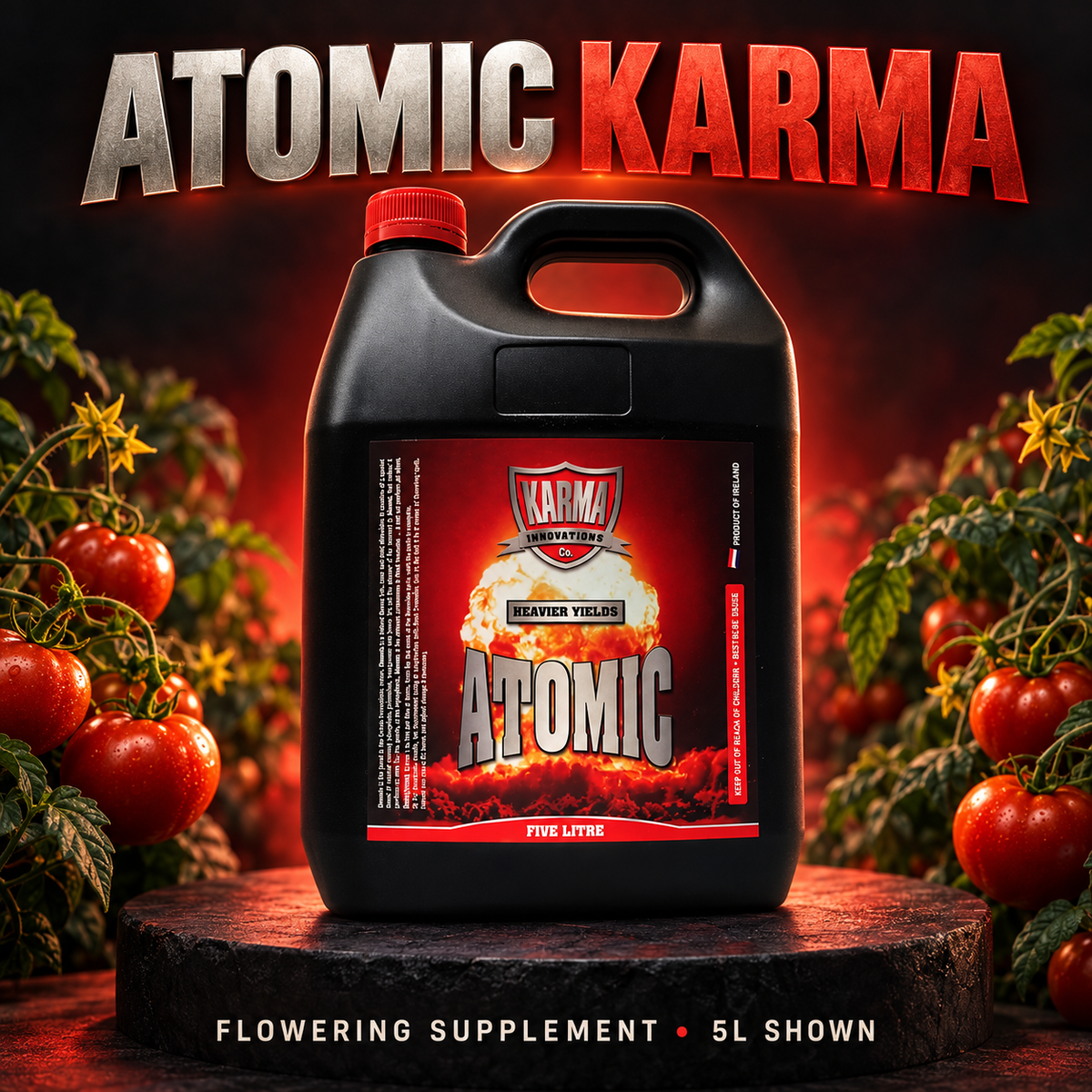 Premium three-quarter render of the black ATOMIC KARMA 5L jug with red cap and red-and-black Karma Innovations label.