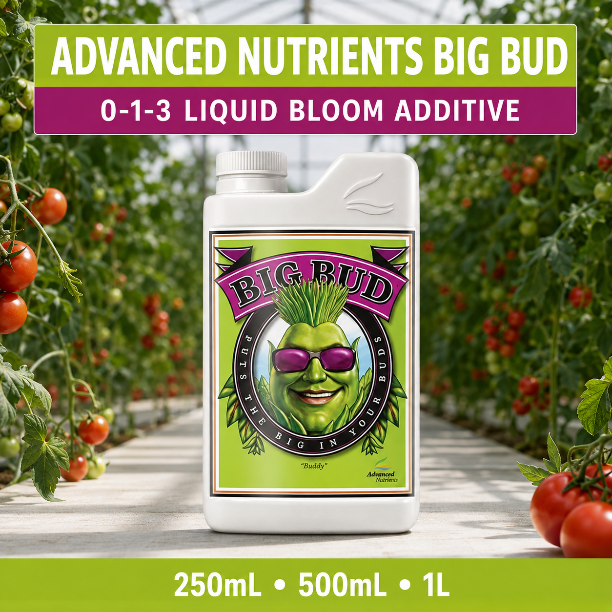 General product advertisement for Advanced Nutrients Big Bud 0-1-3 liquid bloom additive with flowering tomato plants.