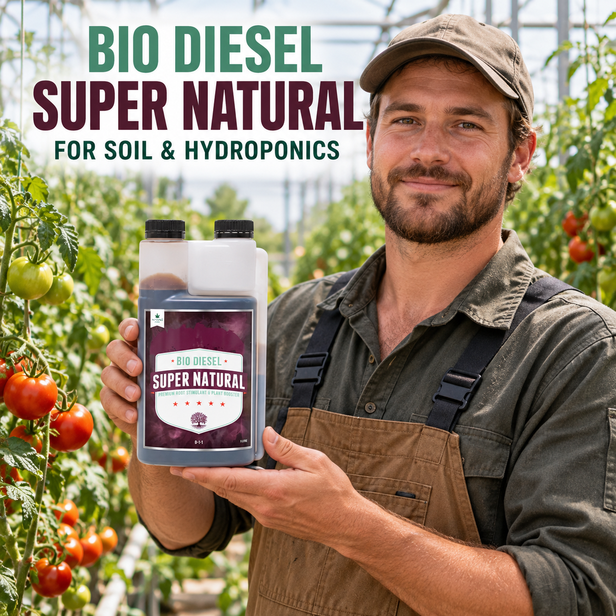 Adult Australian tomato greenhouse grower presenting a closed 1L bottle of Bio Diesel Super Natural.