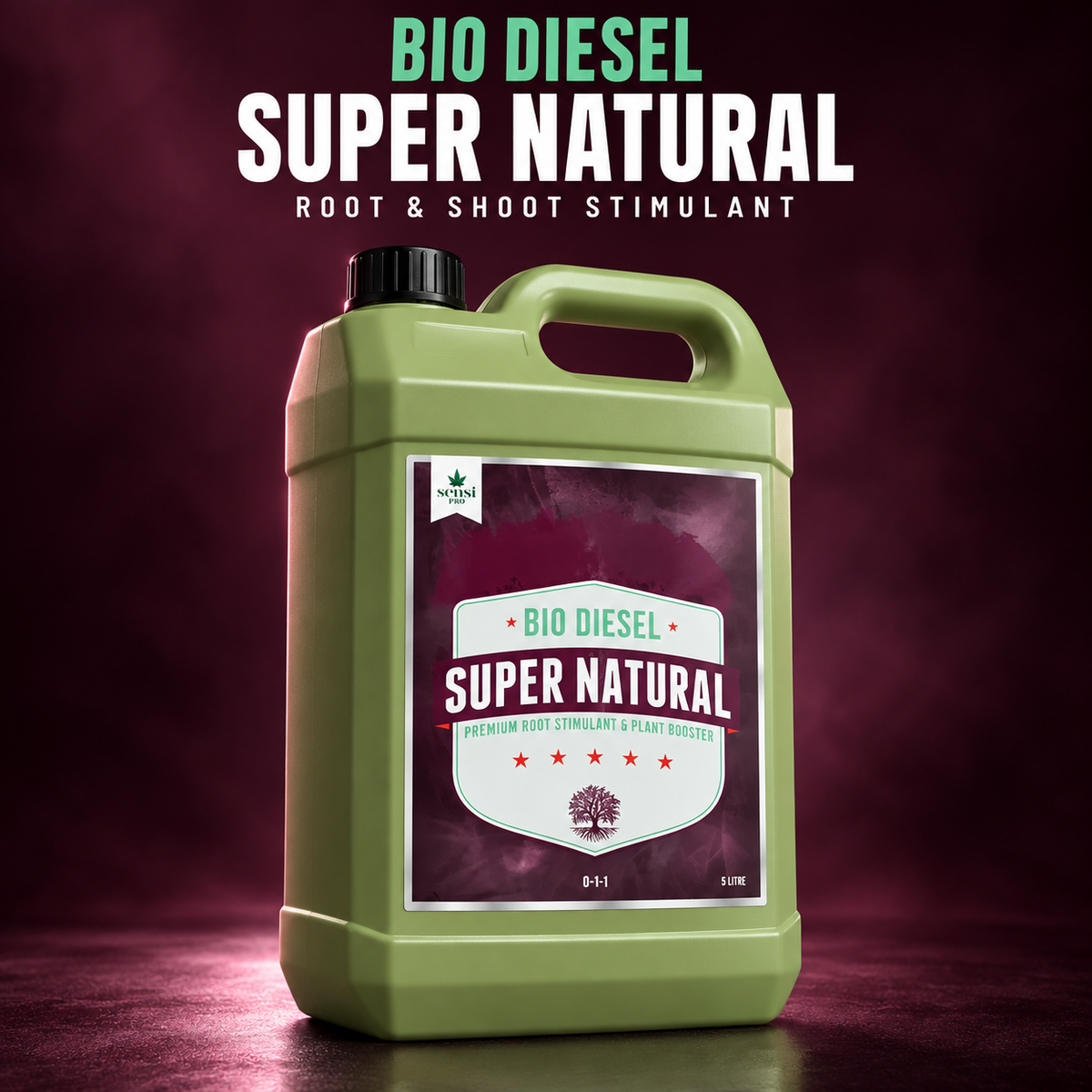 Premium studio render of the olive-green Bio Diesel Super Natural 5L jug with burgundy 0-1-1 label.
