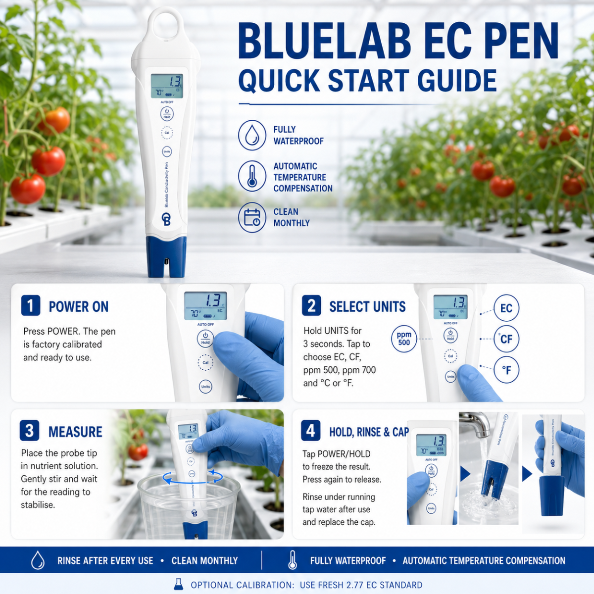 Bluelab EC Pen | Waterproof Conductivity & Temperature Meter for Hydroponics