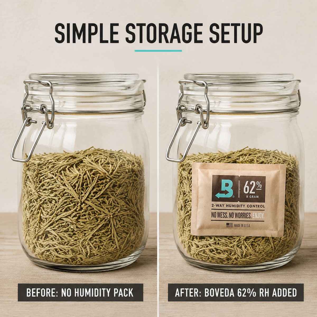 Before-and-after storage setup showing the same rosemary jar without a humidity pack and with a Boveda 62% RH 8g pack added.