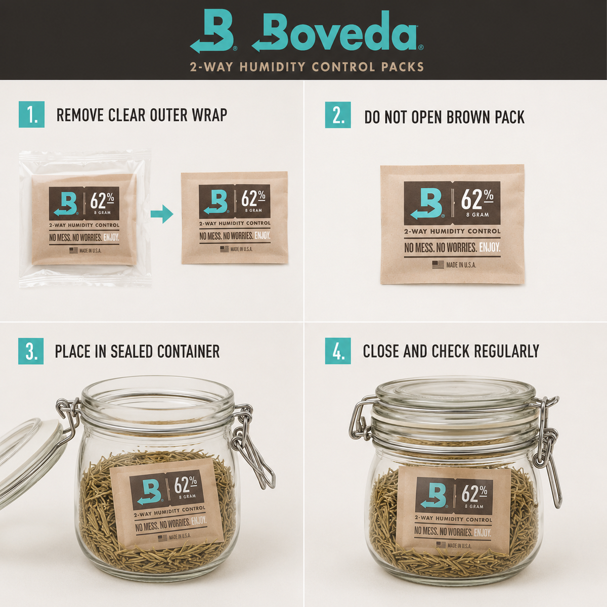 Four-step Boveda 62% RH guide: remove the clear outer wrap, keep the beige pack sealed, place it in a sealed container and check it regularly.