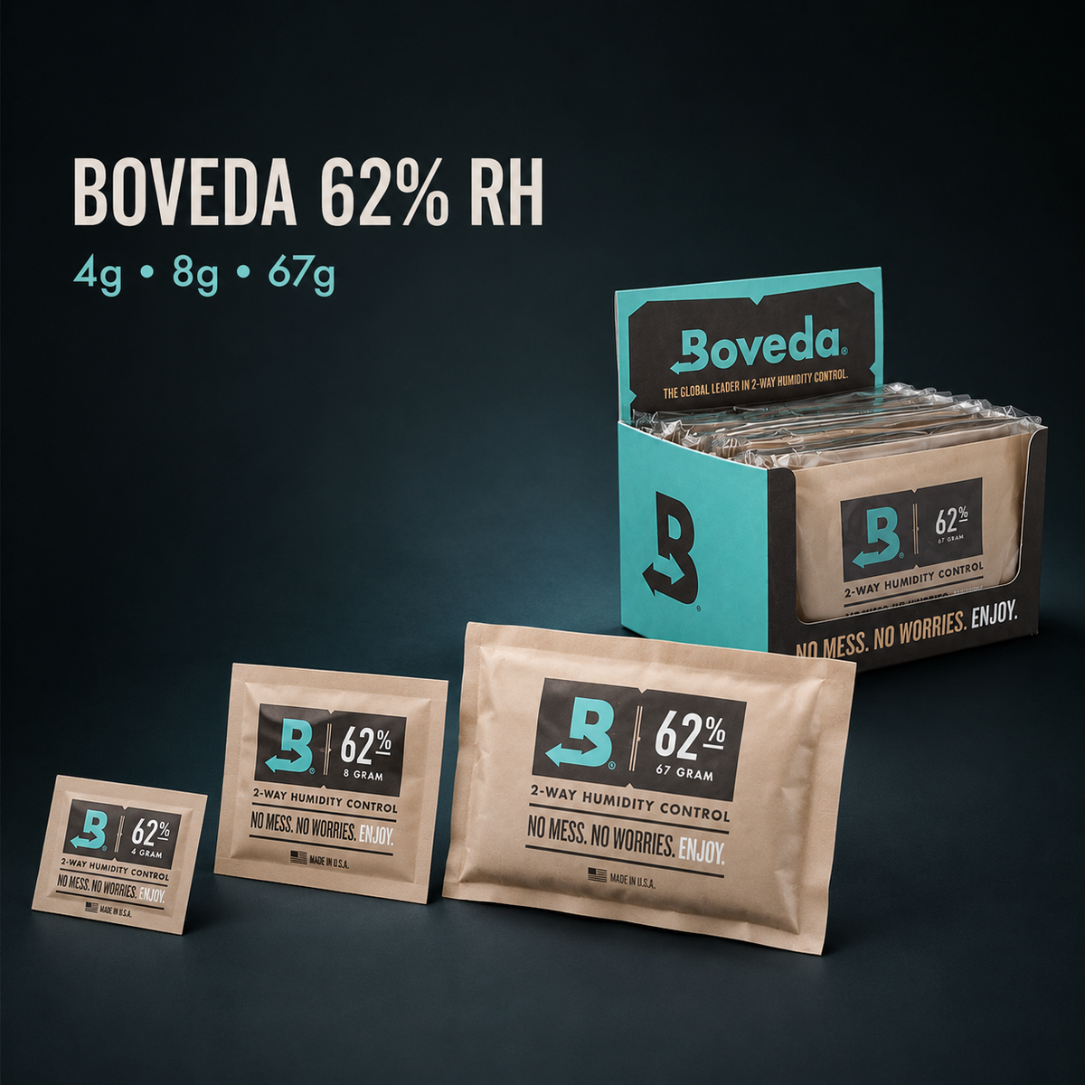 Premium three-quarter 3D render of Boveda 62% RH packets in 4g, 8g and 67g with the turquoise 12-pack carton.