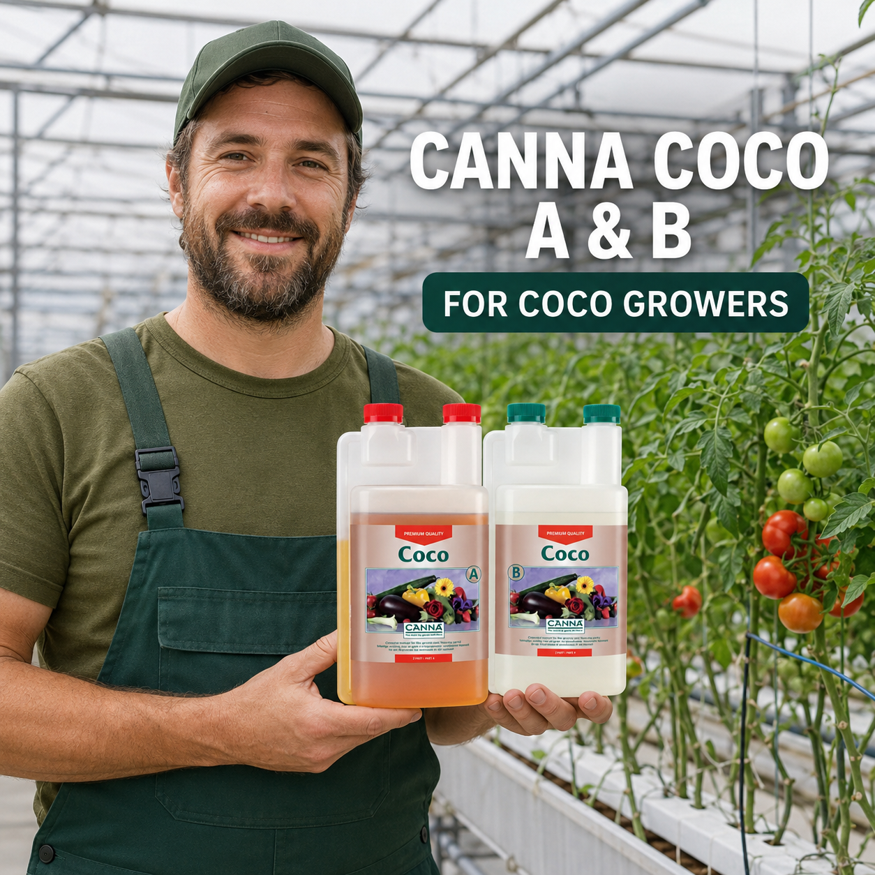 Adult Australian greenhouse grower presenting matched CANNA Coco A & B nutrient bottles beside tomato plants.