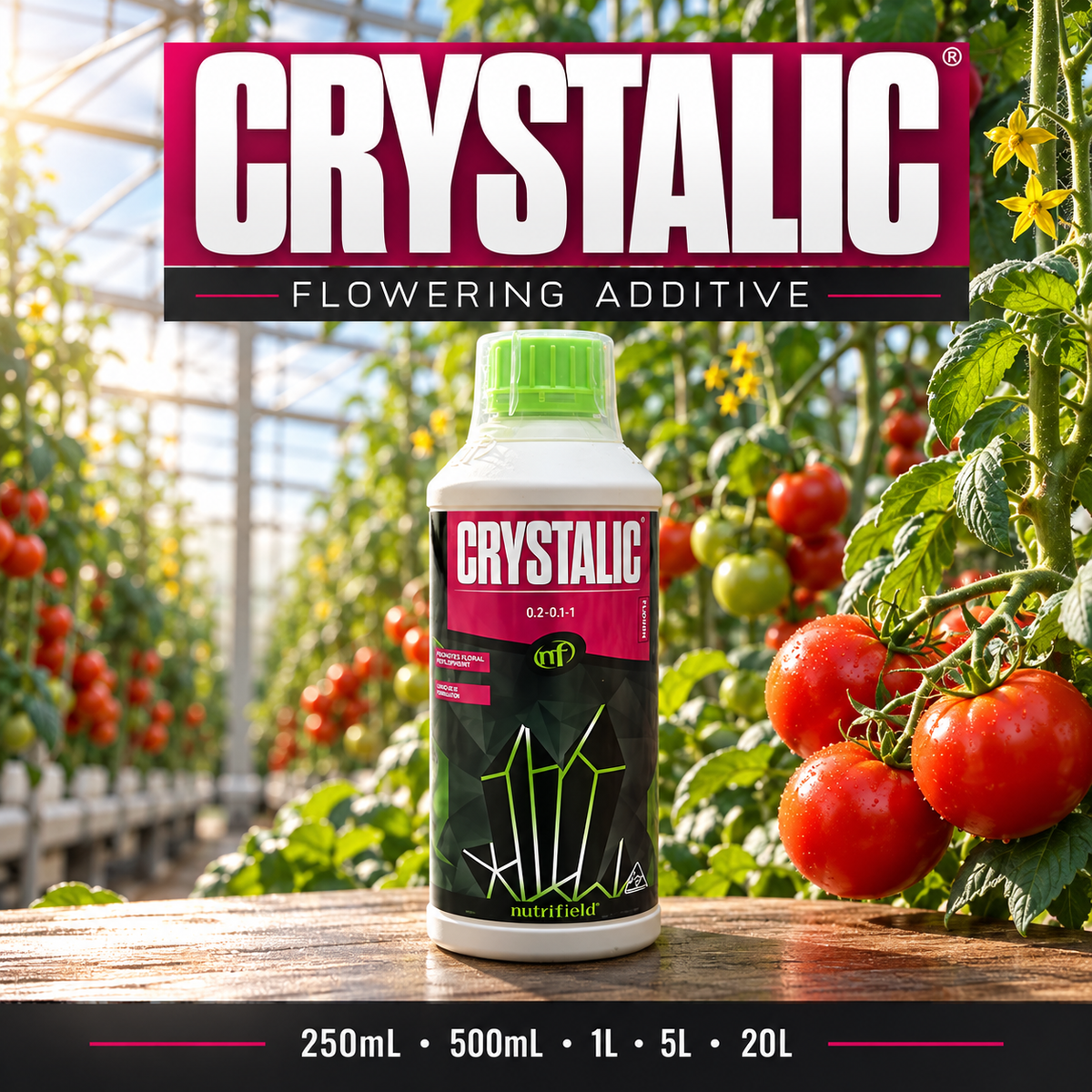 General advertisement for CRYSTALIC showing the bottle in a flowering tomato greenhouse with 250mL, 500mL, 1L, 5L and 20L sizes.