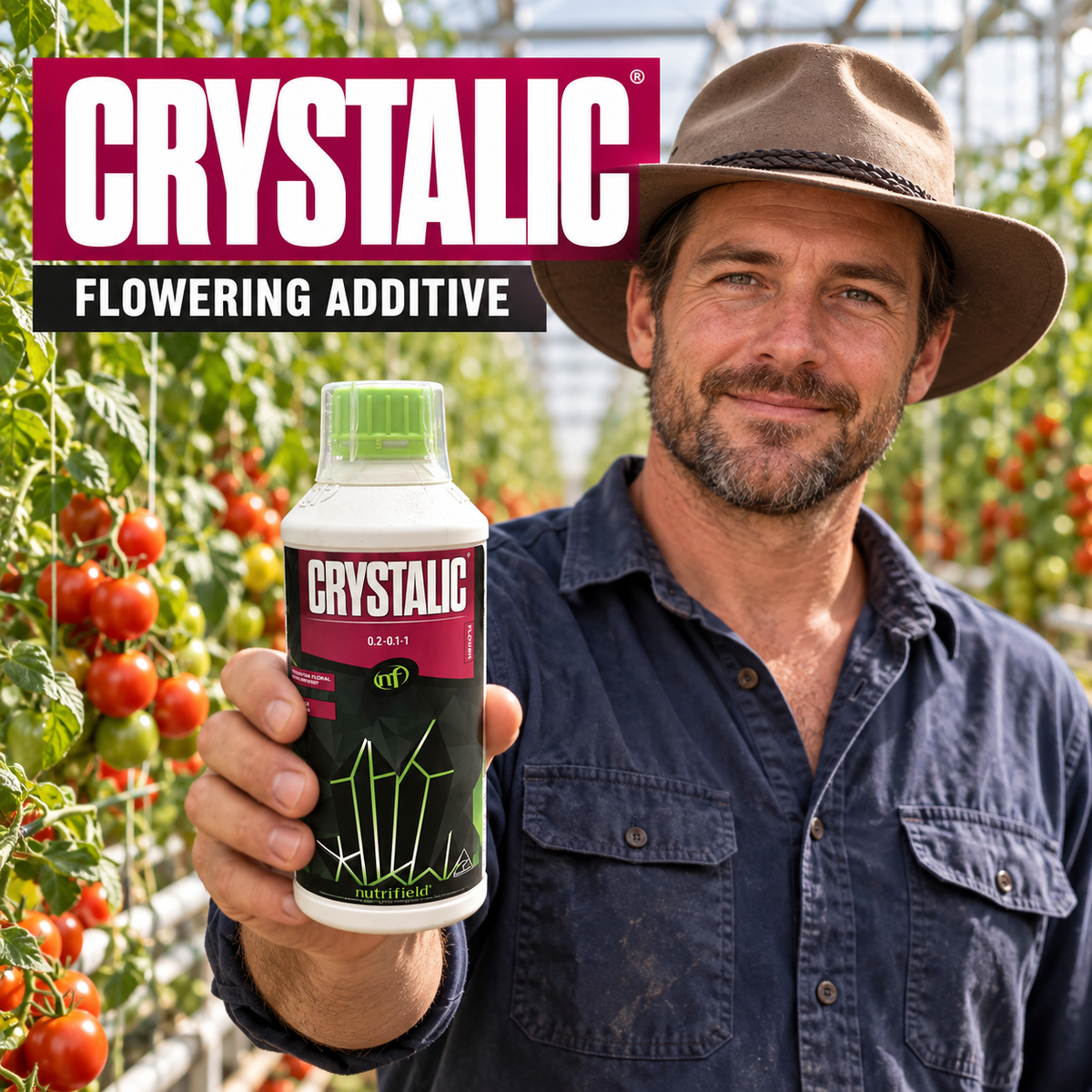 Adult Australian tomato greenhouse grower presenting a closed Nutrifield CRYSTALIC bottle.