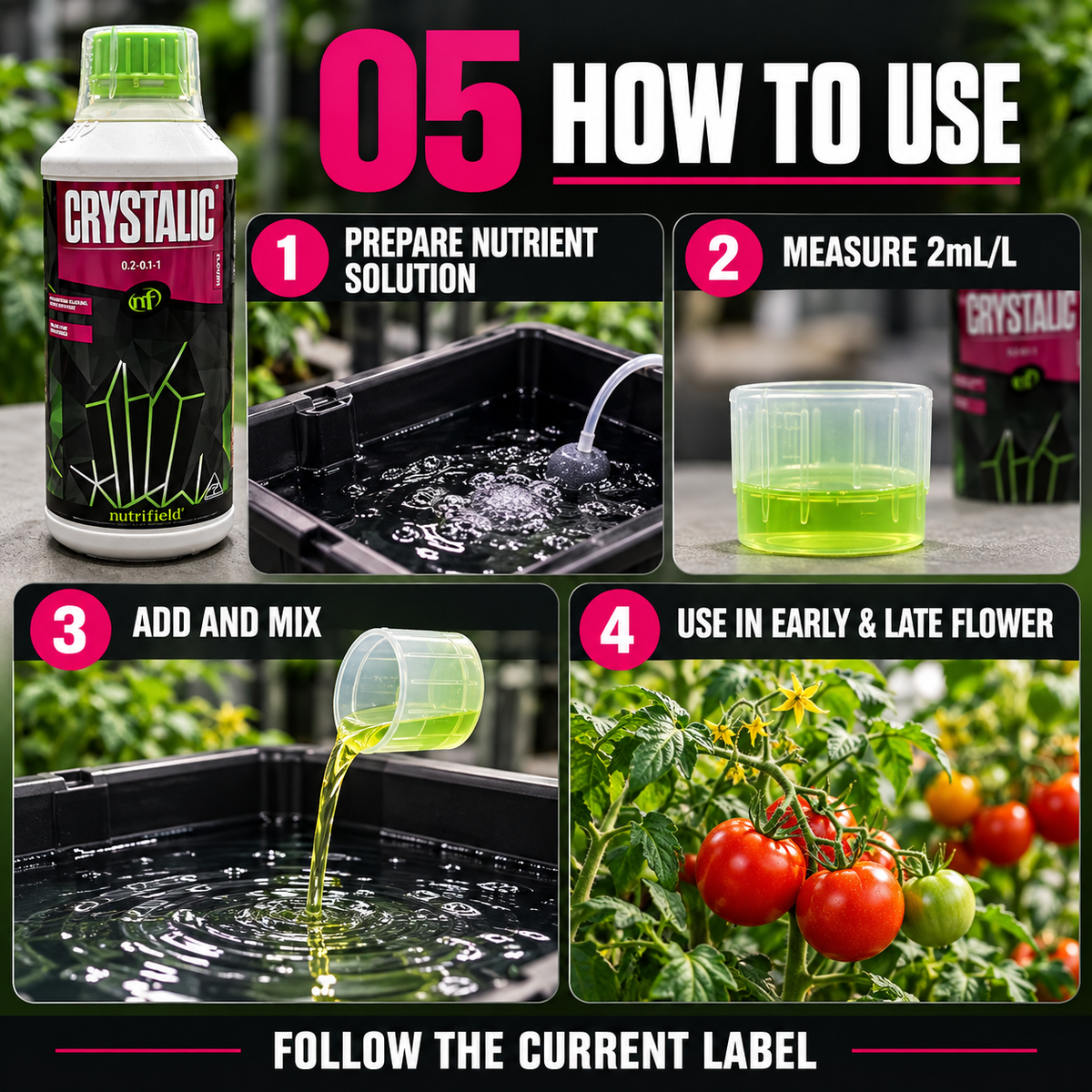 Before-and-after mixing setup showing the same flowering tomato plant and reservoir before and after CRYSTALIC is added; application step only.