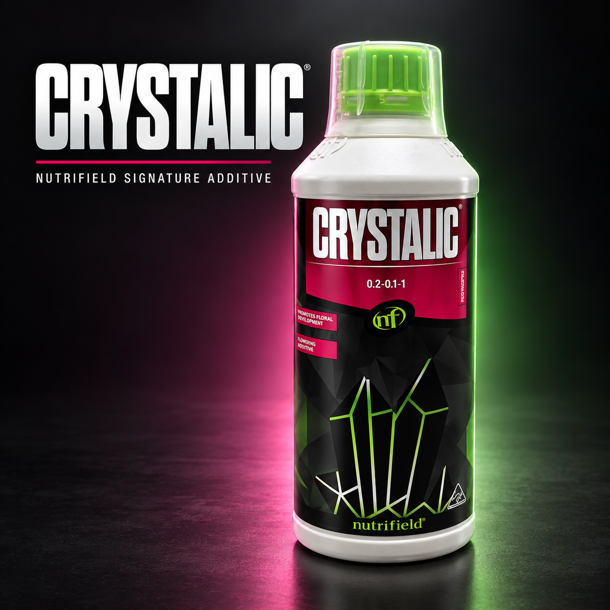 Premium studio render of the white Nutrifield CRYSTALIC bottle with green cap, magenta and black label and green crystal artwork.