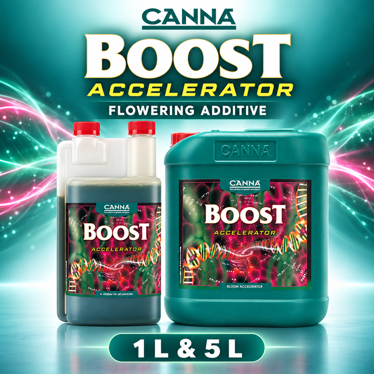 CANNA Boost Accelerator 1L and 5L flowering additive product advertisement