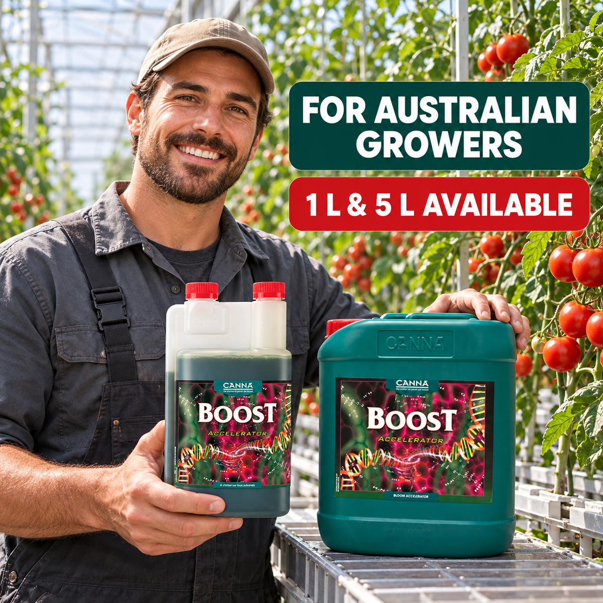 Australian tomato greenhouse grower with CANNA Boost Accelerator 1L and 5L