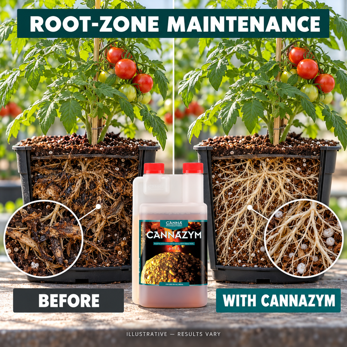 Illustrative tomato root-zone maintenance comparison before and with Canna Cannazym; results vary