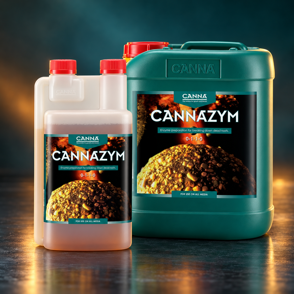 Premium studio render of Canna Cannazym 1L and 5L packaging