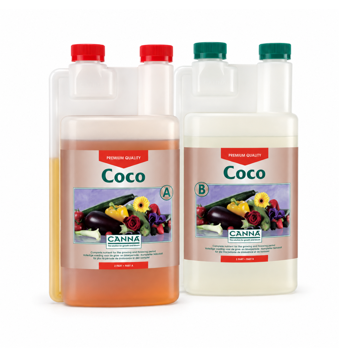 Clean product photograph of matched CANNA Coco Part A and Part B nutrient bottles on a white background.