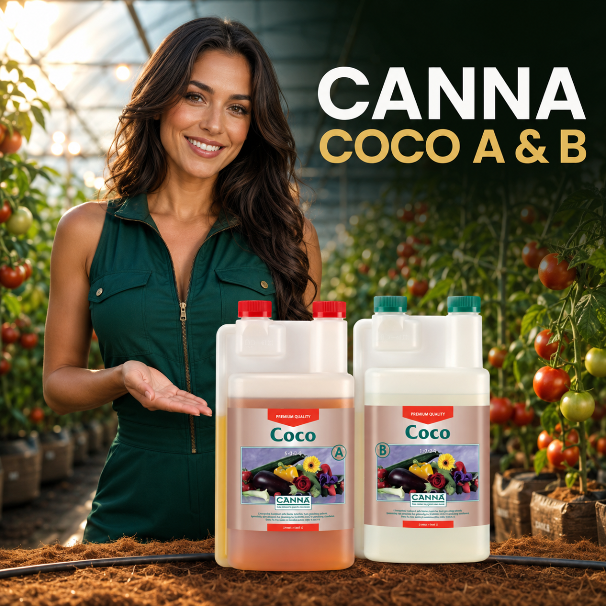 Adult greenhouse grower presenting matched CANNA Coco A & B nutrient bottles beside tomato plants.