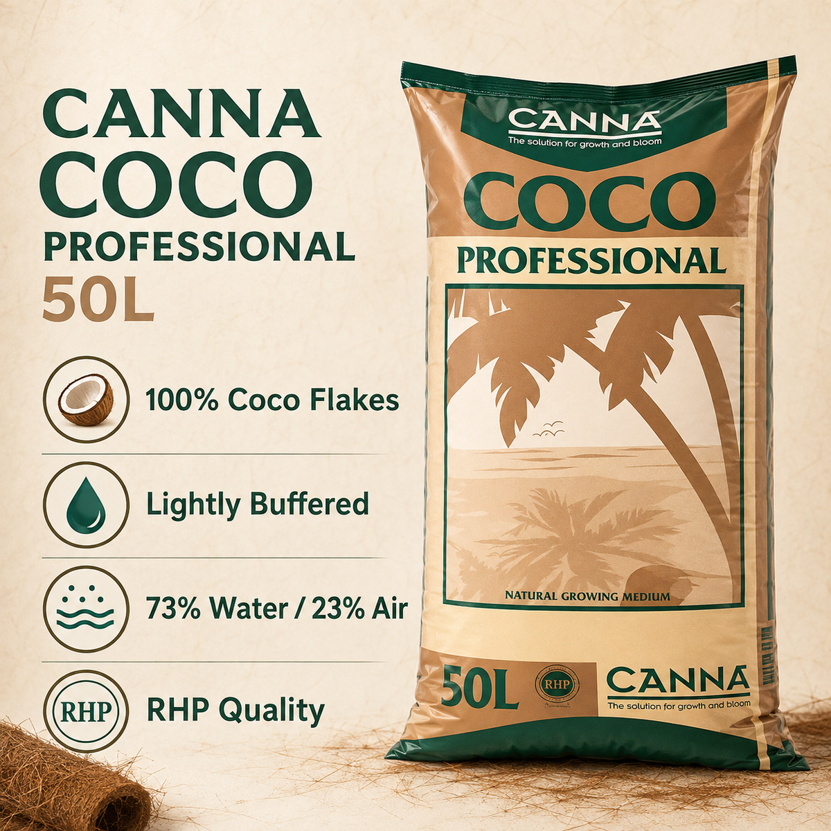 Benefits and features of Canna Coco Professional 50L: 100% coco flakes, lightly buffered, 73% water and 23% air, and RHP quality.