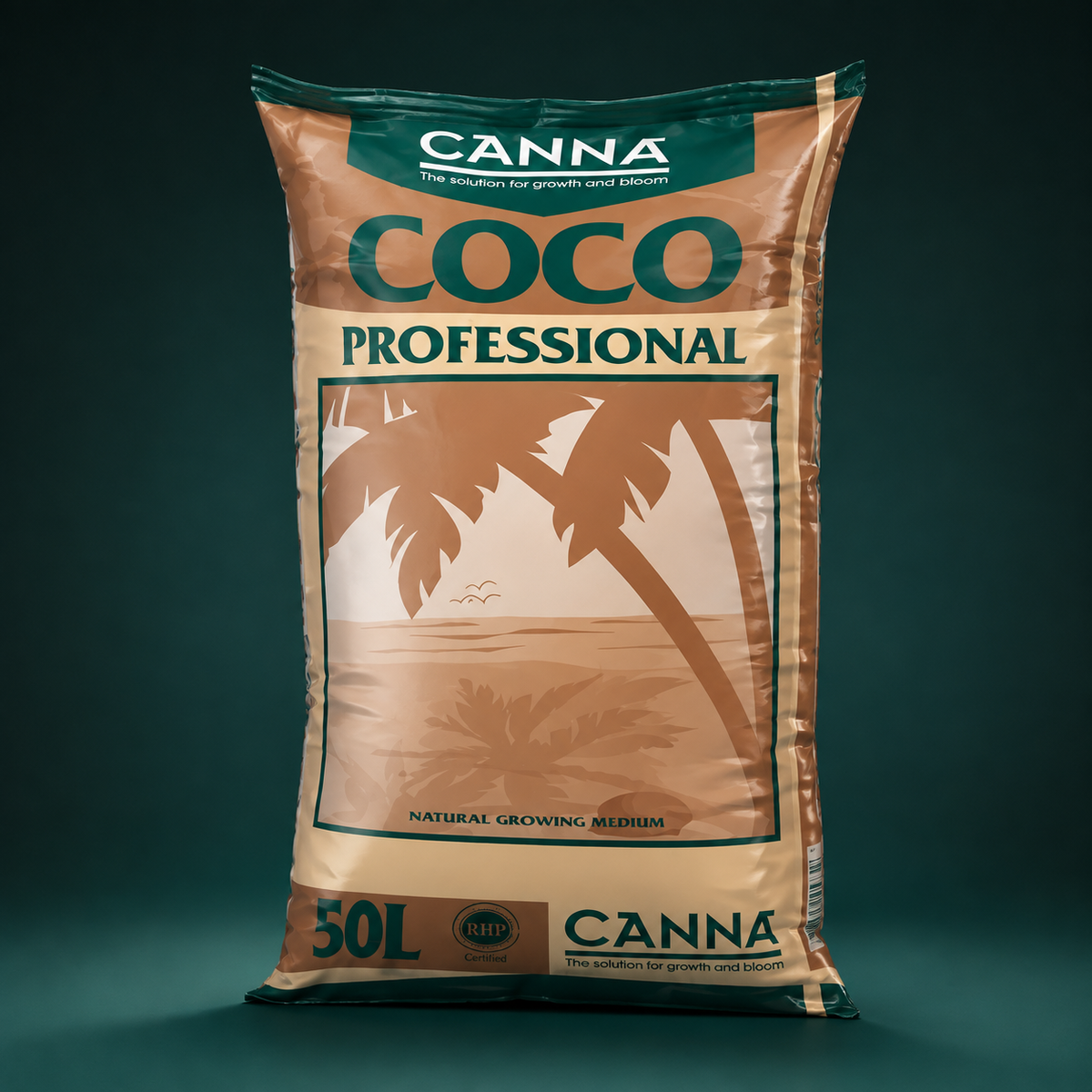 Premium three-quarter 3D render of the tan and green Canna Coco Professional 50L bag on a dark green background.