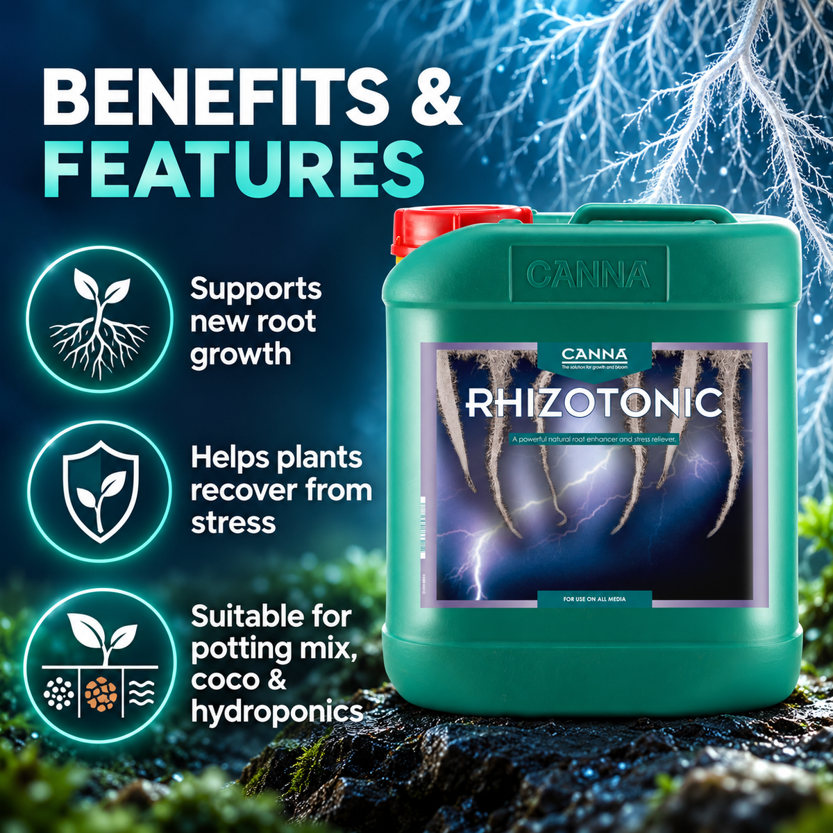 AI-created CANNA RHIZOTONIC benefits graphic showing root growth, stress recovery and growing media.