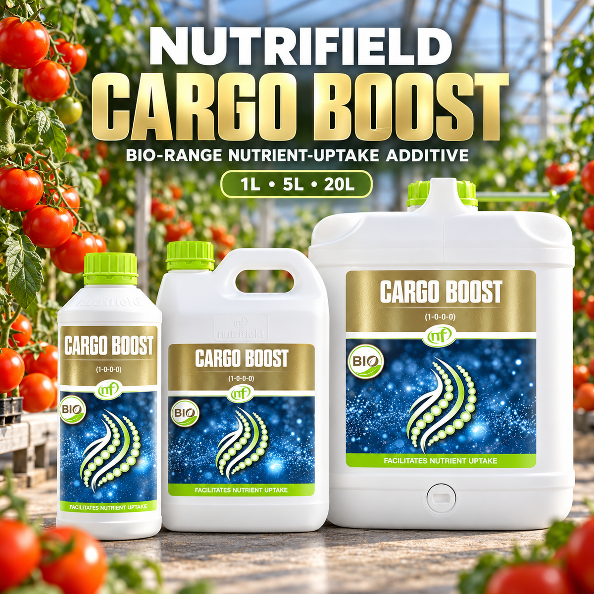 General advertisement for Cargo Boost showing the 1L, 5L and 20L containers in a flowering tomato greenhouse.