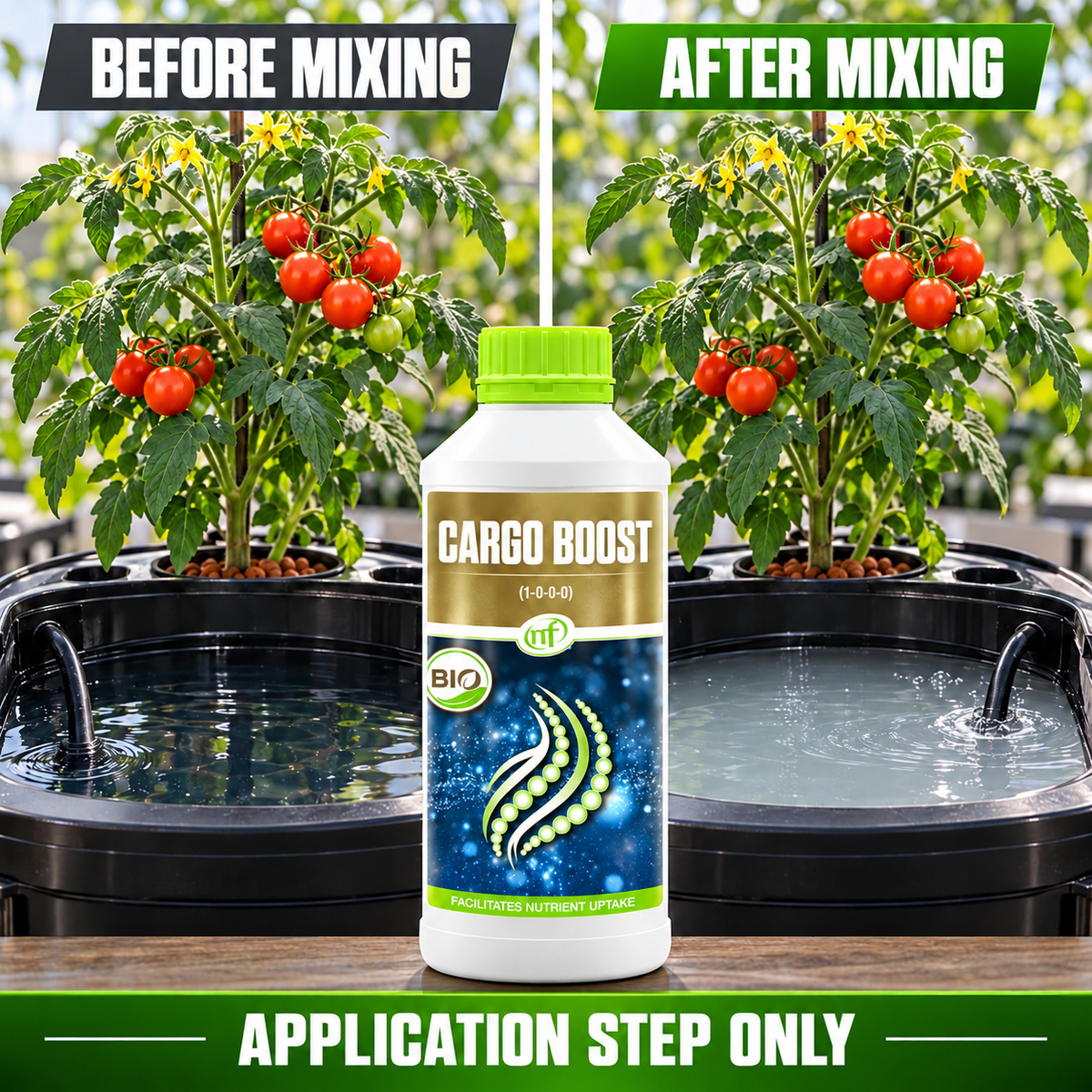 Before-and-after application setup showing the same tomato plant and reservoir before and after Cargo Boost is mixed; application step only.