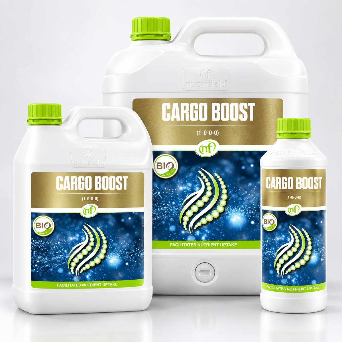 Premium studio render of Nutrifield Cargo Boost 1L, 5L and 20L containers with white packaging and gold-blue labels.