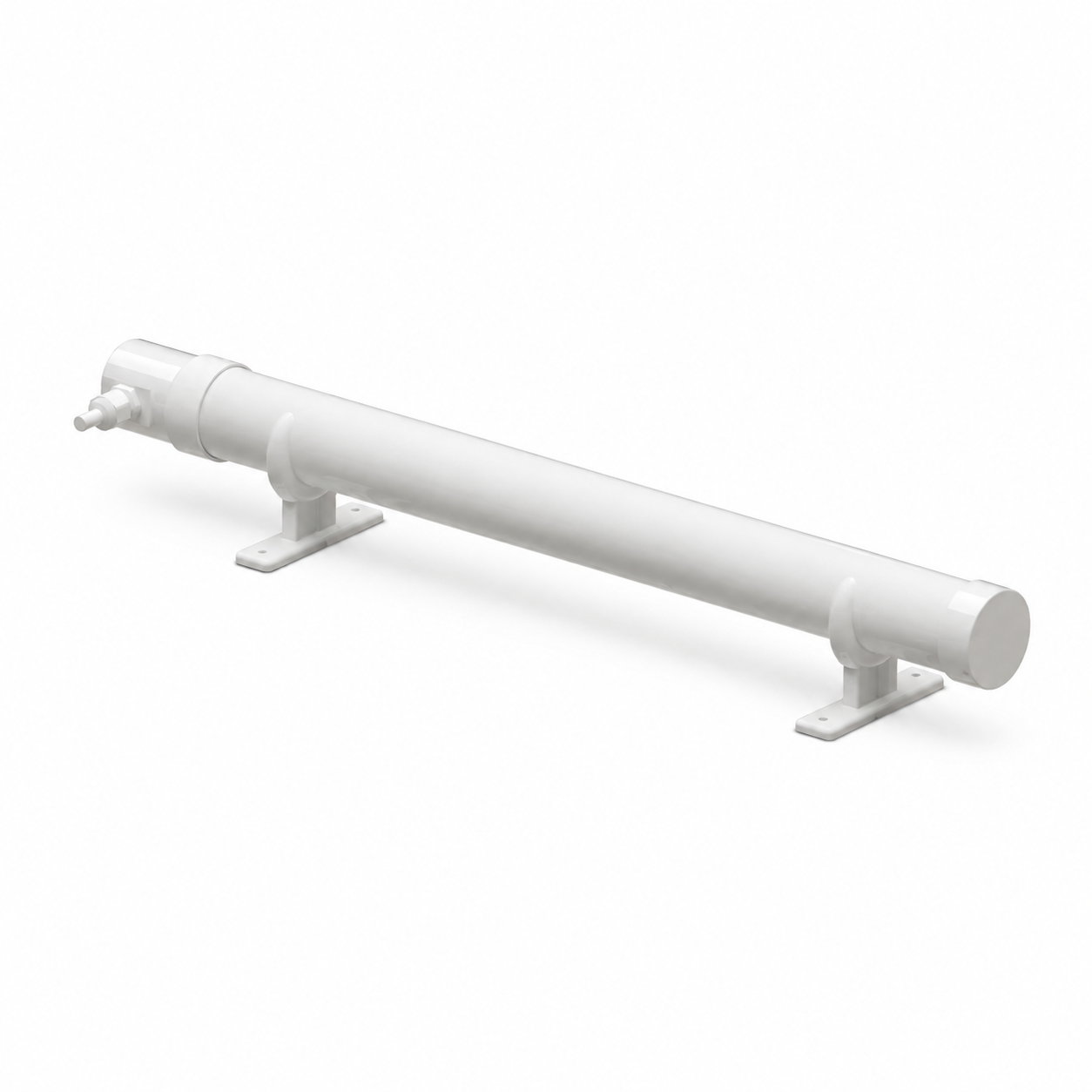 AI-created clean product render of the white Cultiv8 Tube Heater with two mounting feet on a light neutral background.