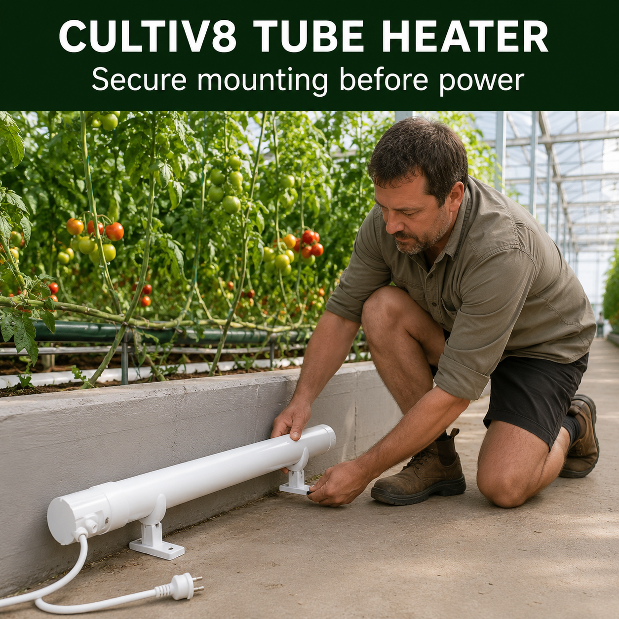 Adult Australian greenhouse grower securely mounting an unplugged white Cultiv8 Tube Heater beside tomato plants.