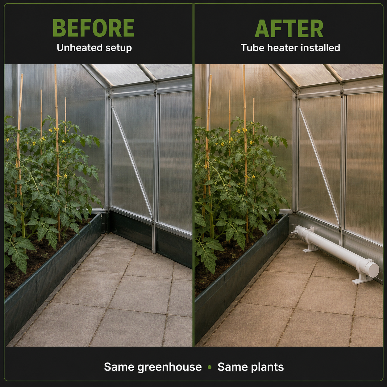Before and after installation comparison of the same tomato greenhouse without and with a Cultiv8 Tube Heater.