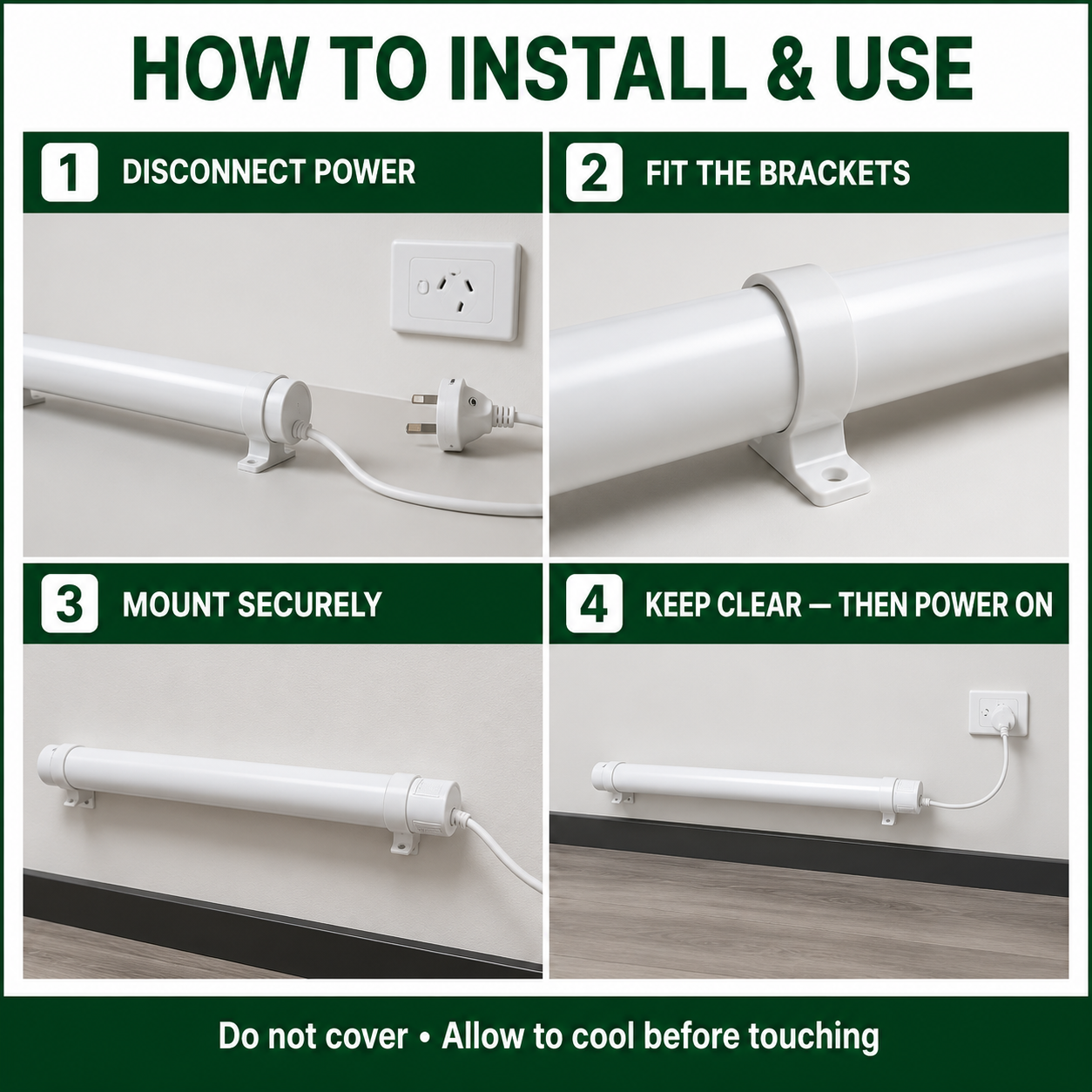 Four-step Cultiv8 Tube Heater guide: disconnect power, fit brackets, mount securely and keep clear before powering on.