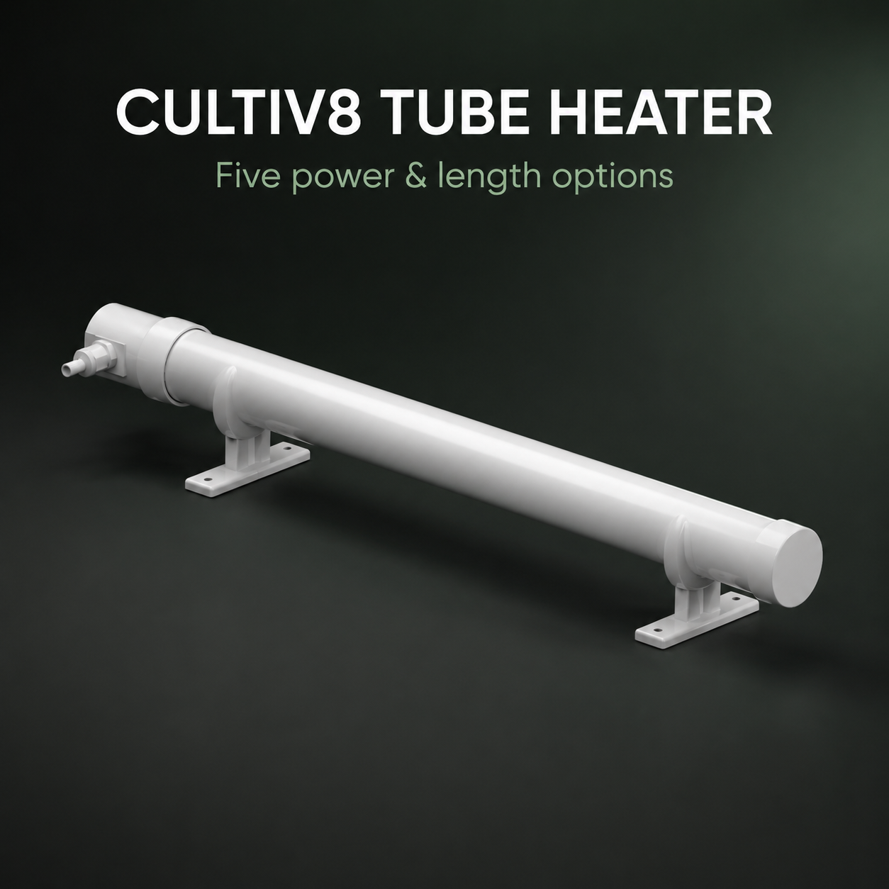 Premium three-quarter 3D render of the white Cultiv8 Tube Heater with two mounting feet on a dark green background.