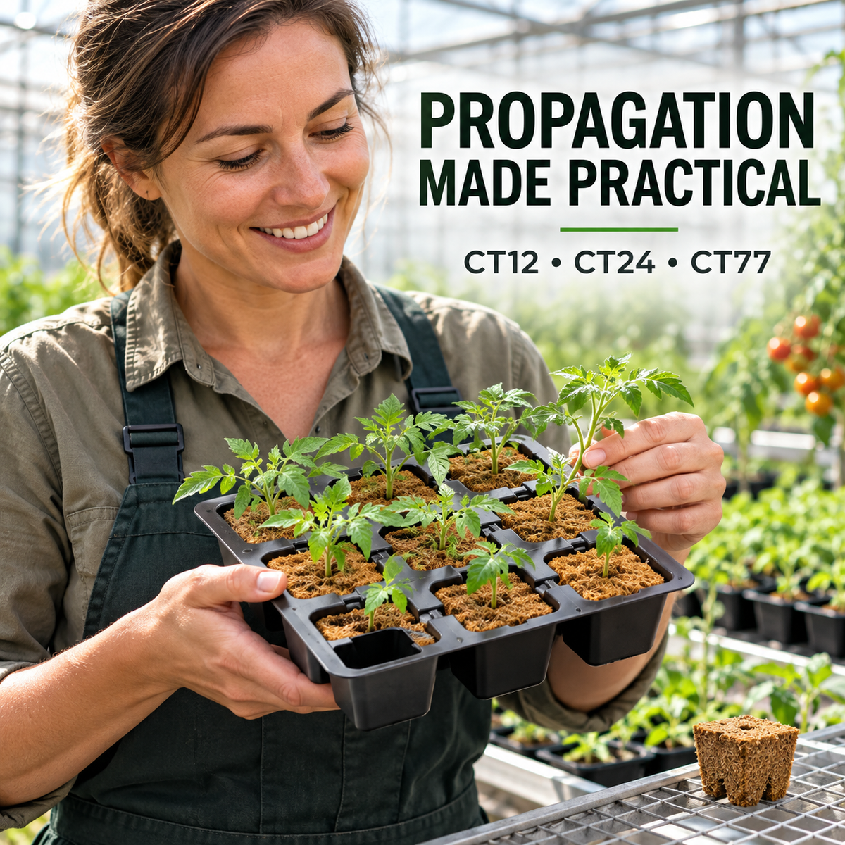 AI-created Australian greenhouse grower holding an Eazy Plug propagation tray with young tomato seedlings.