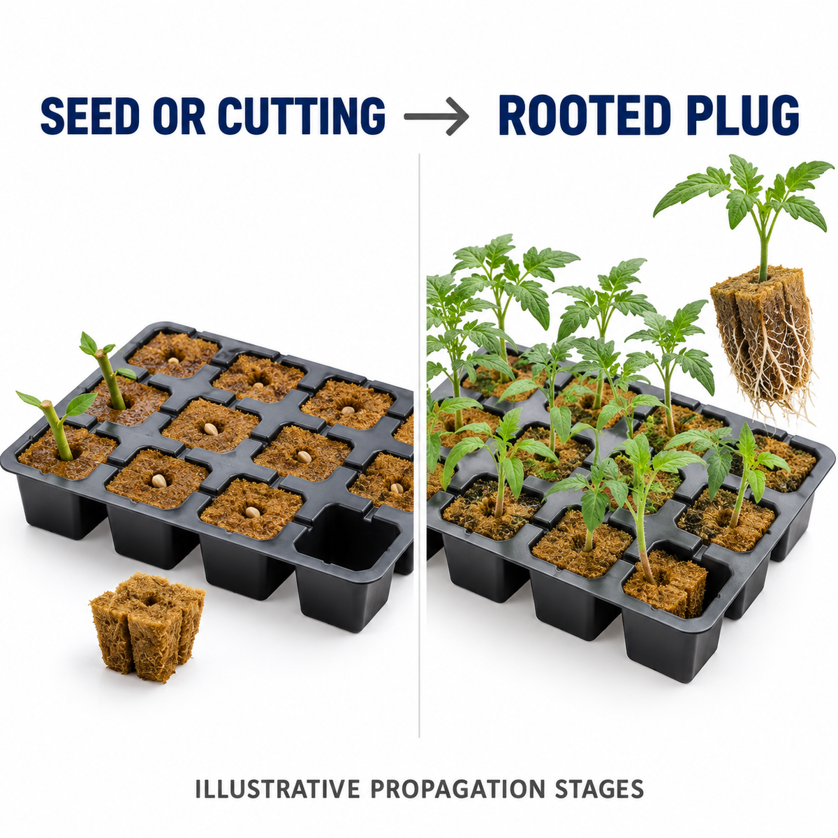 AI-created illustration of Eazy Plug propagation stages from seed or cutting to a rooted tomato plug.