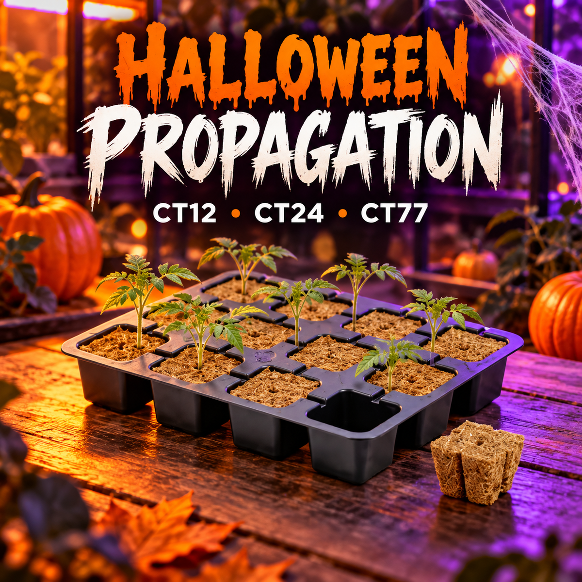 AI-created Halloween hero showing an Eazy Plug propagation tray with tomato seedlings, pumpkins and orange-purple lighting.