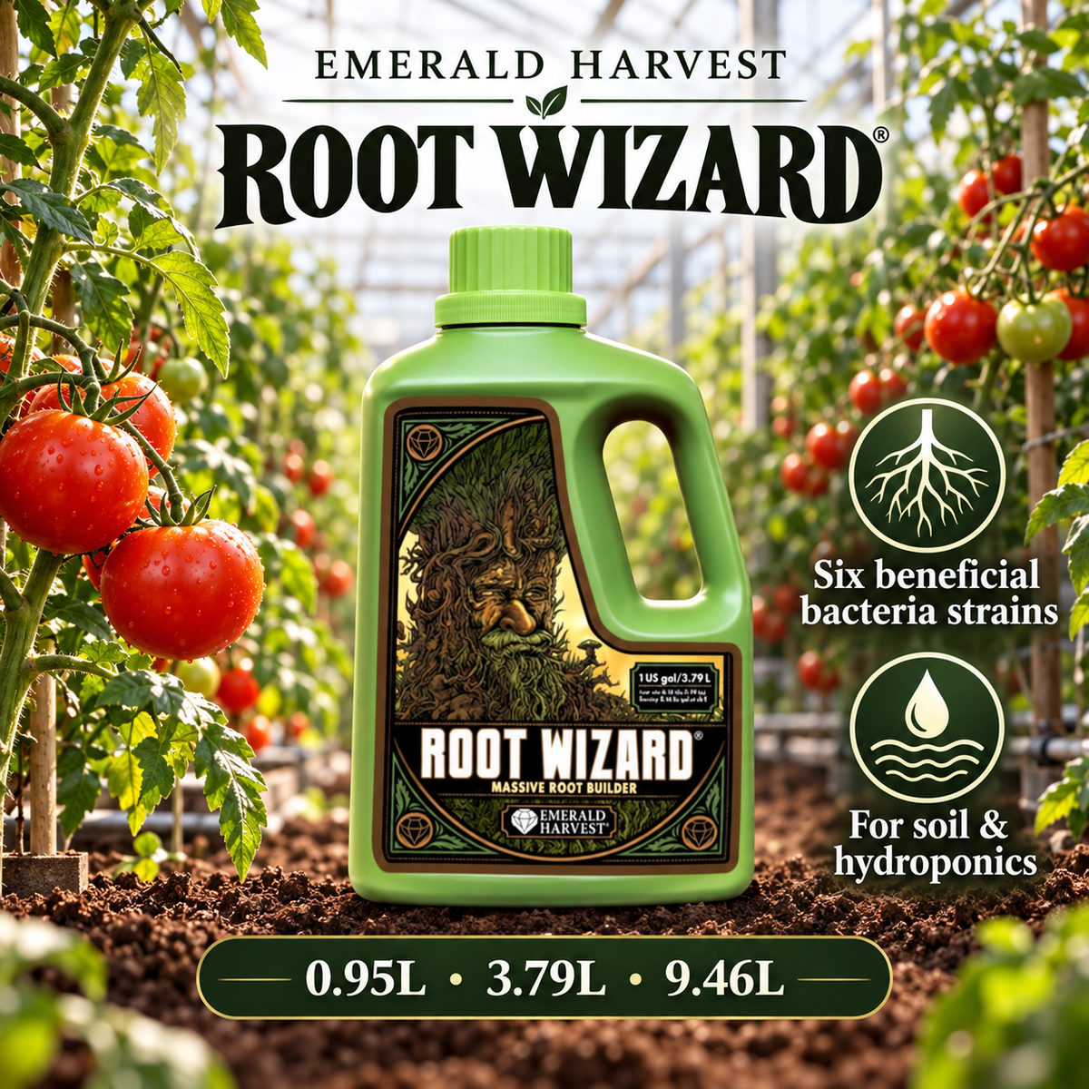 General product advertisement for Emerald Harvest Root Wizard 3.79L in a tomato greenhouse, highlighting six beneficial bacteria strains, soil and hydroponic use, and available sizes.