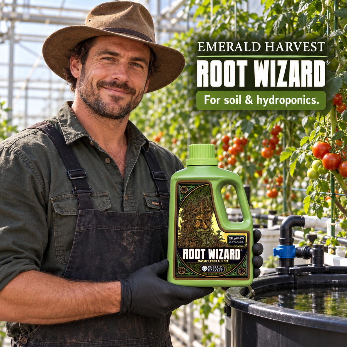 Adult Australian tomato greenhouse grower presenting a closed 3.79L bottle of Emerald Harvest Root Wizard beside a hydroponic reservoir.