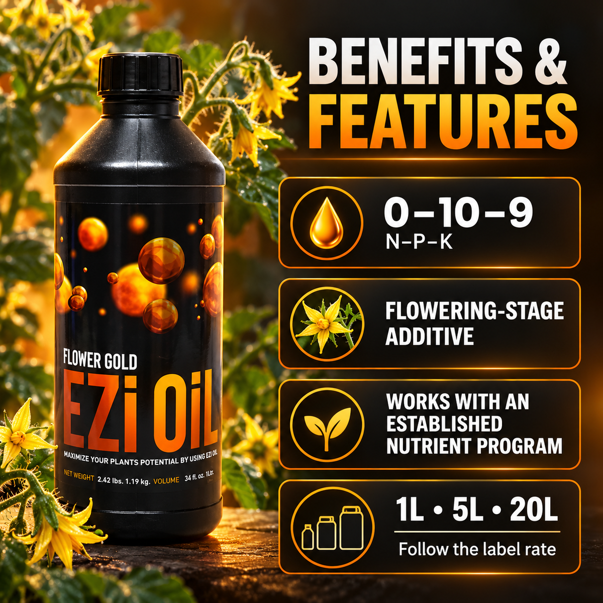Benefits and features of Ezi Oil Flower Gold: 0-10-9 analysis, flowering-stage use, established nutrient program compatibility and available sizes.
