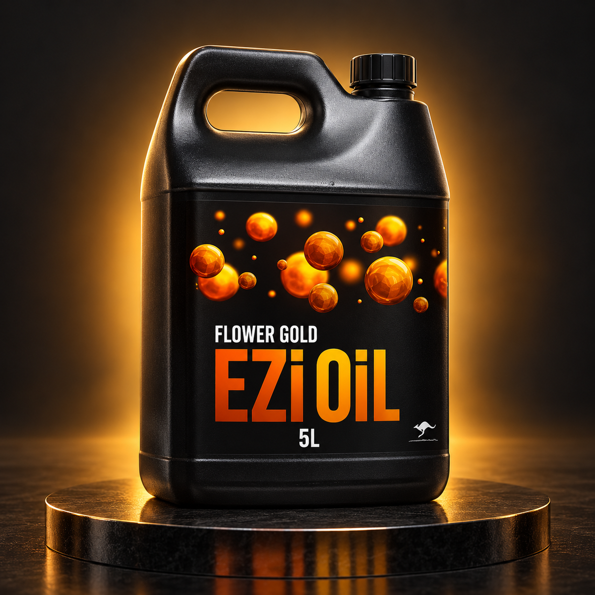 Premium three-quarter studio render of an Ezi Oil Flower Gold 5L jug on a dark amber background.