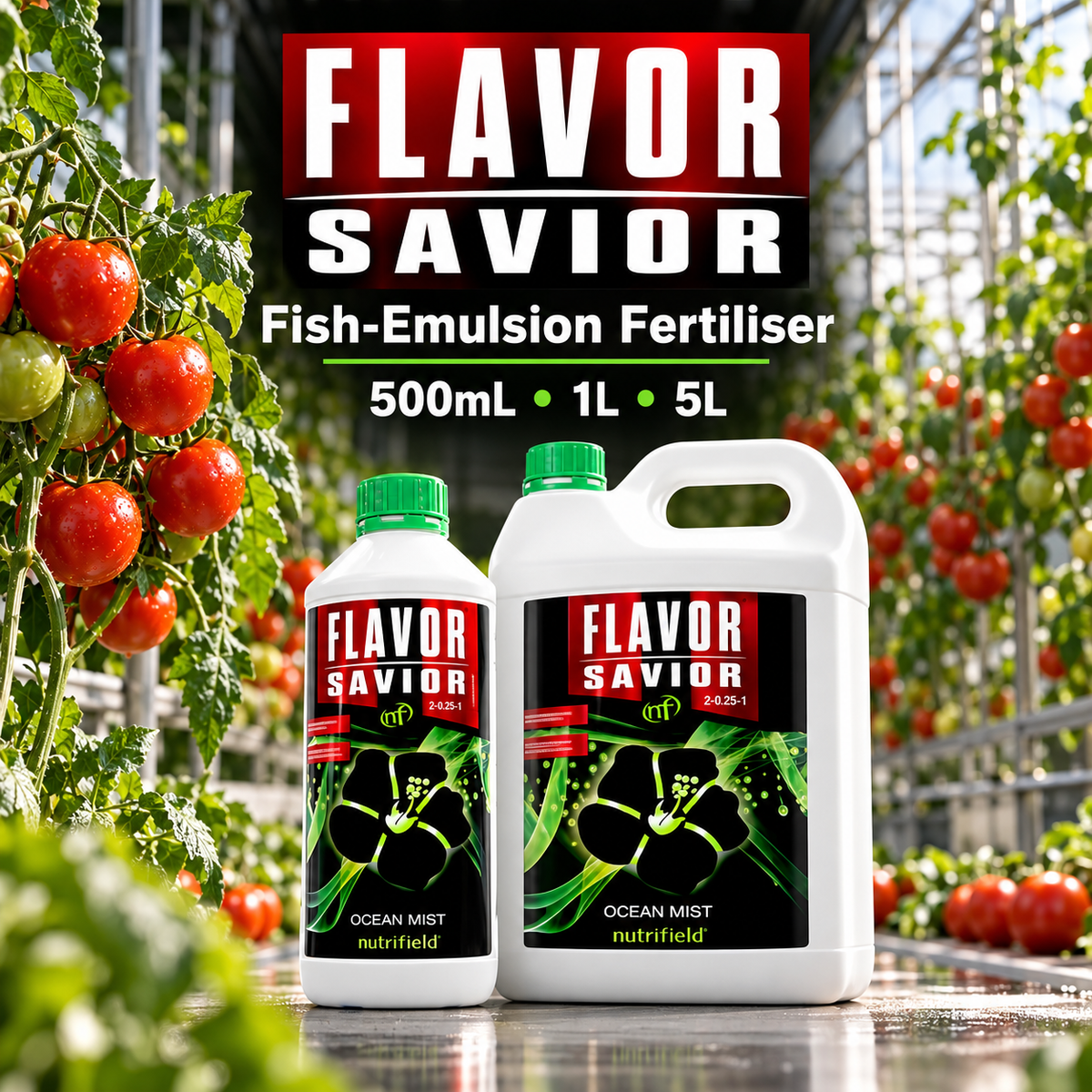 General advertisement for FLAVOR SAVIOR showing the closed 1L bottle and 5L jug in a tomato greenhouse with 500mL, 1L and 5L availability.