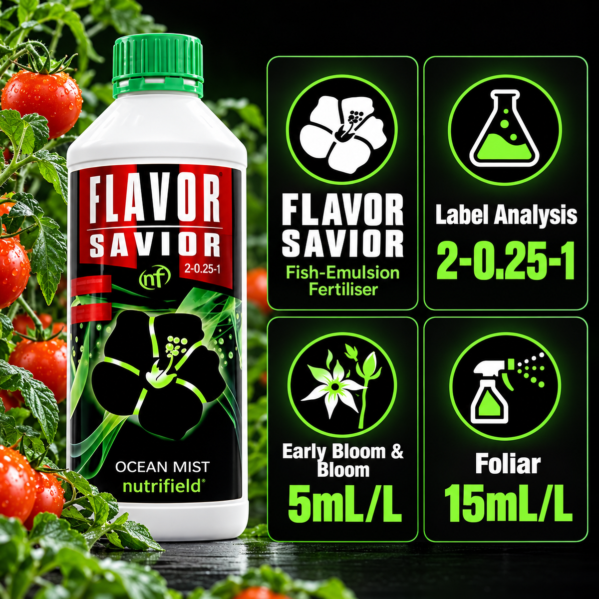 FLAVOR SAVIOR features infographic showing fish-emulsion fertiliser, 2-0.25-1 label analysis, 5mL/L bloom rate and 15mL/L foliar rate.