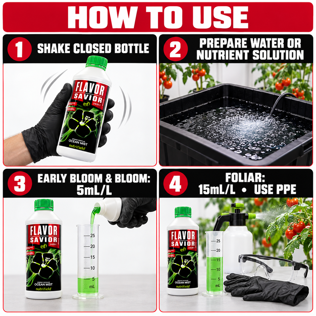 Four-step FLAVOR SAVIOR guide: shake the closed bottle, prepare solution, use 5mL/L in early bloom or bloom, or foliar at 15mL/L with PPE.